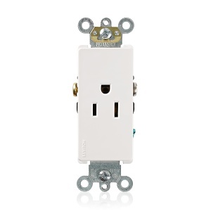Leviton 16251-W Decora Plus 2-Pole 3-Wire Single Receptacle Outlet, Commercial Grade, Smooth Face, 15A, 125V, Back or Side Wire, Self-Grounding, NEMA 5-15R, White