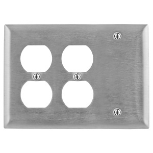 Hubbell SS211 Wall Plate, Stainless Steel, 3-Gang with Two Duplex Outlets and One Blank Space