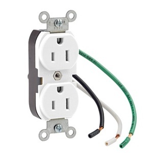 Leviton 5262-LW Duplex Receptacle Outlet, Industrial Grade, Smooth Face, 15A, 125V, Pre-Wired Leads, NEMA 5-15R, 2-Pole, 3-Wire, Self-Grounding, White