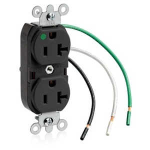 Leviton 8300-LE Connectors, EB REC DUP HG PIGTAIL 2PO 3WI 20A125V