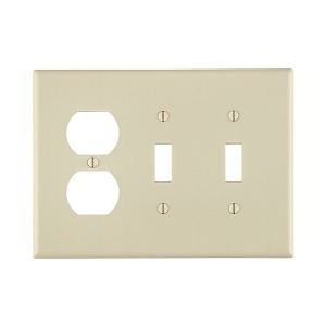 Leviton 80521-T Wall Plate, 3-Gang, 2 Toggle Switches and 1 Duplex Outlet, Midway Size, Light Almond