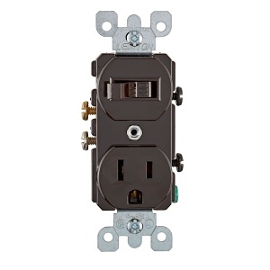 Leviton 5225 15A Duplex Style Single-Pole / 5-15R AC Combination Switch, 120V, Commercial Grade, Grounding, Side Wired, Brown