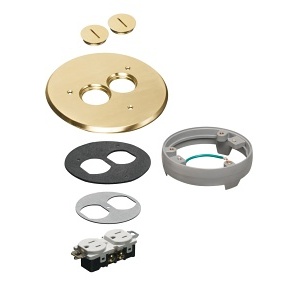 Arlington FLB6220MBLR 6" Round Cover Kit with Flip Lid Style, Leveling Ring, (2) Threaded Plugs, 1-Gang, Brass