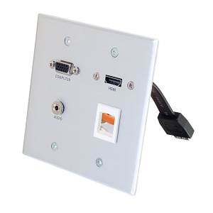 C2G CG60117 Multi-Format Wall Plate, Keystone, 2-Gang, VGA Female, 3.5mm Stereo Female to RapidRun 15-Pin Male Connector,