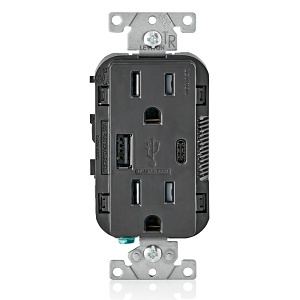 Leviton T5633-E 5.1A USB Type A/Type-C Wall Outlet Charger with 15A Tamper-Resistant Outlet, Black