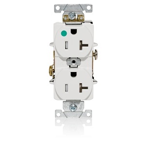 Leviton T8300-W Duplex Tamper-Resistant Heavy Duty Isolated Self-Grounding Receptacle, 2P3W, 520R, 20A, 125V, White