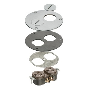 Arlington FLB3520NLTK 4" Round Metal Cover with Threaded Plugs, Gaskets, 15A Duplex TR Receptacle, Nickel