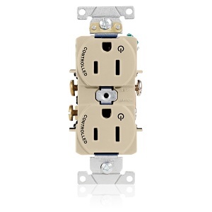 Leviton 5262-S2I Duplex Receptacle Outlet, 2-Pole, 3-Wire, Industrial Grade, 2-Outlet Marked "Controlled", 15A, 125V, NEMA 5-15R, Self-Grounding, Ivory