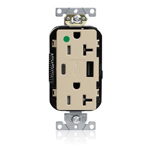 Leviton M58AC-HGI Lev-Lok Tamper-Resistant USB Receptacle, Type A/C, 20A, 125V, Hospital Grade, Ivory