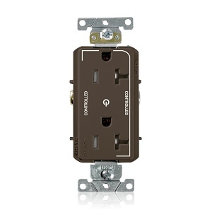 Leviton TDR20-S2 Decora Plus Duplex Receptacle Outlet, Heavy-Duty Industrial Grade, 2-Outlets Marked "Controlled", Tamper-Resistant, 20A, 125V, 2-Pole, 3-Wire, Self-Grounding, Brown