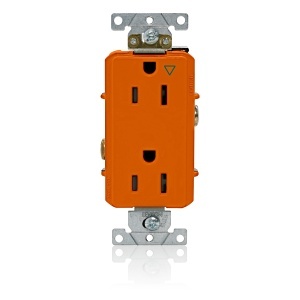 Leviton 16262-OIG Decora Plus 2-Pole 3-Wire Duplex Receptacle Outlet, Heavy-Duty Industrial Grade, Smooth Face, 15A, 125V, Back or Side Wire, Isolated Ground, NEMA 5-15R, Self-Grounding, Orange