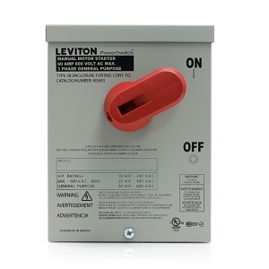 Leviton N3603 60A 600V 3-Pole Non-Fused Manual Motor Controller, Industrial Grade, Grounded To Enclosure, Front Wired, Gray