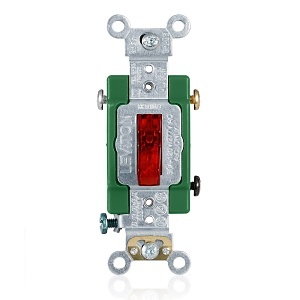 Leviton 3031-PLR 30A 120V AC Quiet Switch, Toggle Pilot Light Illuminated ON, Neutral, Extra Heavy Duty Spec Grade, Self Grounding, Back and Side Wired, Red