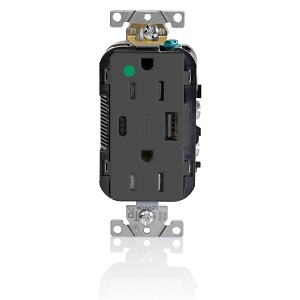 Leviton T5633-HGE Connectors, High-Grade Duplex USB Charger, 15A 125V, Charcoal