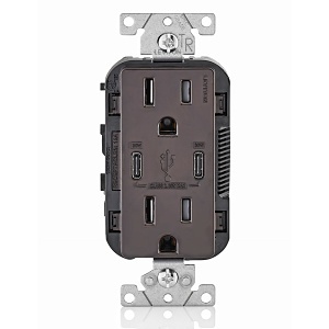 Leviton T5635-B 30W (6A) USB Dual Type-C / C Power Delivery Wall Outlet Charger with 15A Tamper-Resistant Outlet, Brown