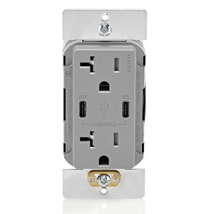 Leviton T5836-G 20A TR Receptacle with USB Type High Power Charging, Connectors