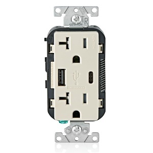 Leviton T5833-T Combination Duplex Receptacle Type AC USB Powered Charger, 20A, 125V