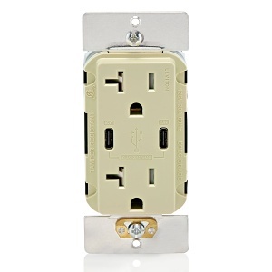 Leviton T5836-I USB Type High Power Charging Connector, 20A Tamper Resistant Receptacle, Ivory