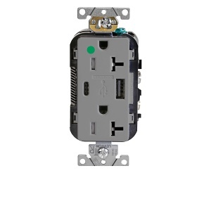 Leviton T5833-HGG Combination Duplex Heavy Duty Receptacle with A-C USB Charger, 20A 125V, Gray