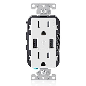 Leviton T5632-W Duplex Receptacle, USB, 15A/125V, Screw Terminal, Tamper