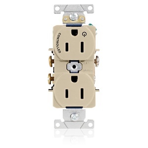 Leviton 5262-S1I Duplex Receptacle Outlet, 2-Pole, 3-Wire, Industrial Grade, 1-Outlet Marked "Controlled", 15A, 125V, NEMA 5-15R, Self-Grounding, Ivory