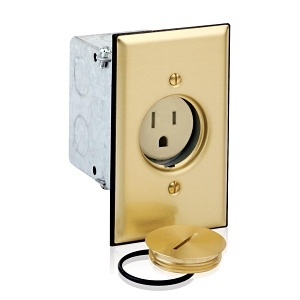 Leviton 5249-TFB 15A 1-Gang Floor Box Receptacle Assembly,15A, 125V, NEMA 5-15R, 2P, 3W, Tamper-Resistant, Straight Blade, Back and Side Wired, Steel Strap, Brass Floorplate and Screw Cap, Ivory
