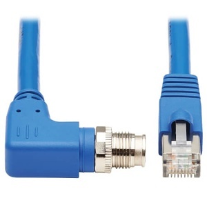 Eaton Tripp Lite NM12-6A4-05M-BL M12 X-Code CAT6a 10G F/UTP CMR-LP Shielded Ethernet Cable (Right-Angle M12 M/RJ45 M), IP68, PoE, 5m, Blue