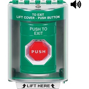 STI SS2185PX-EN Indoor / Outdoor Surface with Horn Momentary (Illuminated) Stopper Station, 'PUSH TO EXIT' Label, Green