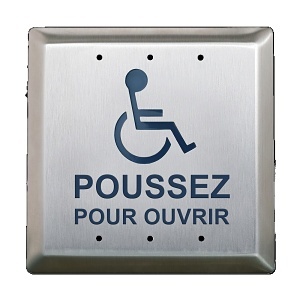 Camden CM-45/4F 4-1/2" Square Push Plate Switch, Concealed Screws,  'WHEELCHAIR' and 'POUSSEZ POUR OUVRIR', Black Graphics