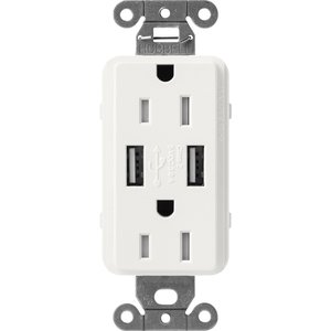 Lutron SCR-15-UBTR-RW Claro 15A Tamper Resistant USB-A Duplex Receptacle, Decorator-Style Outlet, Self-Testing, Satin Finish, Architectural White
