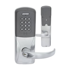 Schlage AD-400-CY-60-SI-SPA-626-P6-RH-4B-13-247- Networked Wireless Electronic Lock, Cylindrical, Apartment, HID Support, Sparta Lever, 6-Pin Conventional, (4) AA Batteries, Right Handed, Satin Chrome