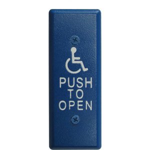 Camden CM-26CB/4 Narrow Push Plate Switch, Exposed Screws, 'WHEELCHAIR' symbol and 'PUSH TO OPEN', White Graphics, Blue
