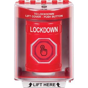 STI SS2076LD-EN Indoor / Outdoor Surface Momentary (Illuminated) Stopper Station with 'LOCKDOWN' English Label, Red Lens, Red Body