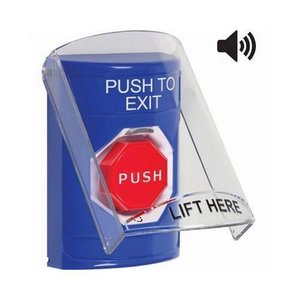 STI SS24A9PX-EN Indoor Only Flush or Surface with Horn Turn-to-Reset (Illuminated) Stopper Station with PUSH TO EXIT Label English, Blue