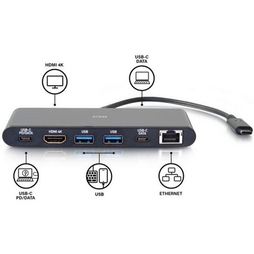 C2G CG28845 USB-C 6-in-1 Mini Docking Station with HDMI, Ethernet, USB and Power Delivery up to 60W, 4K 30Hz