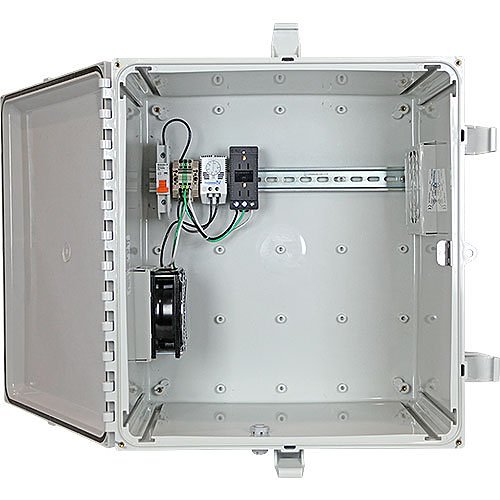STI EP242410-O5 EnviroArmour Polycarbonate Enclosure, Opaque, Wall Box, NEMA 3R, Outdoor, Indoor Use, Filter Fan, Filter Vent and Power Distribution Strip, 24"x24"x10"