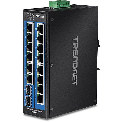 TRENDnet TI-G162 16-Port Hardened Industrial Unmanaged Gigabit DIN-Rail Switch, TI-G162, 14 x Gigabit Ports, 2 x Gigabit SFP Slots, 32Gbps Switching Capacity, IP30 Ethernet Network Switch, Lifetime Protection