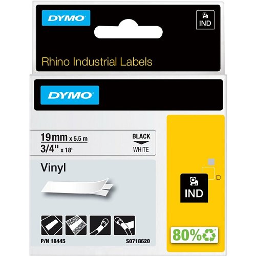 DYMO 18445 Industrial Vinyl Labels 3/4" x 18', Black Print on White