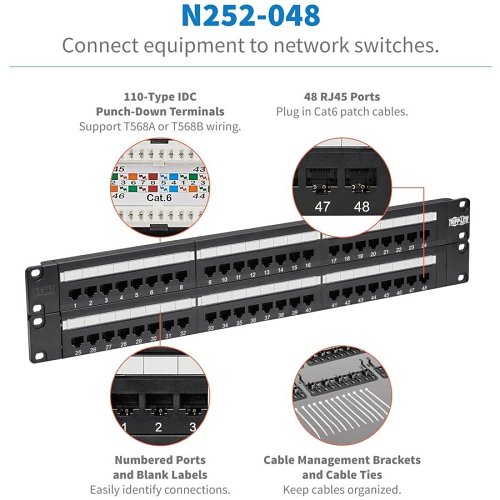 Tripp Lite N252-048 48-Port CAT5 / CAT6 110 Patch Panel, 2U Rackmount, 568B, Ethernet RJ45, TAA