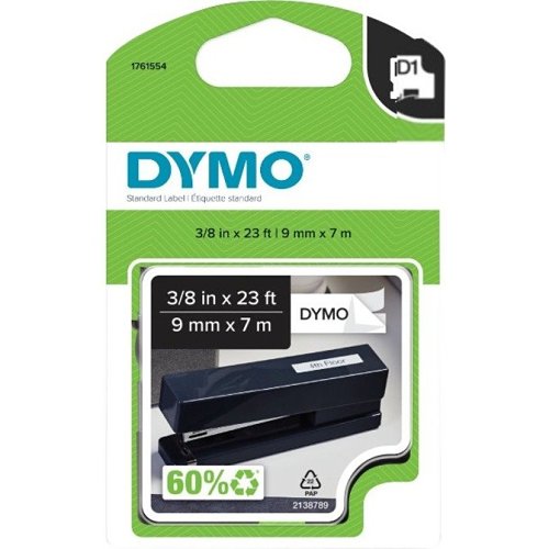 DYMO 1761554 Label Manager Series Labeling Tape, Standard D1 Cartridge, 3/8in x 23ft, White/Black Print, 6-Pack