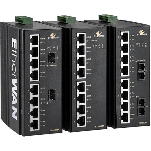 EtherWAN EX46928A-V-J EX46900A Series Hardened unmanaged 8-port 10/100/1000BASE (8 x PoE) with 2-port 1000BASE-X (SX/LX/SFP) Ethernet Switch