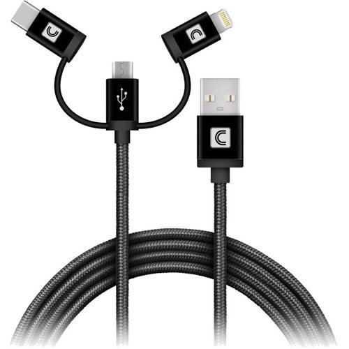 Comprehensive USBA-LCB-3ST 3-in-1 Mobile Charging Cable 3', USB2.0 A to Lightning, USB-C, and Micro B, Black
