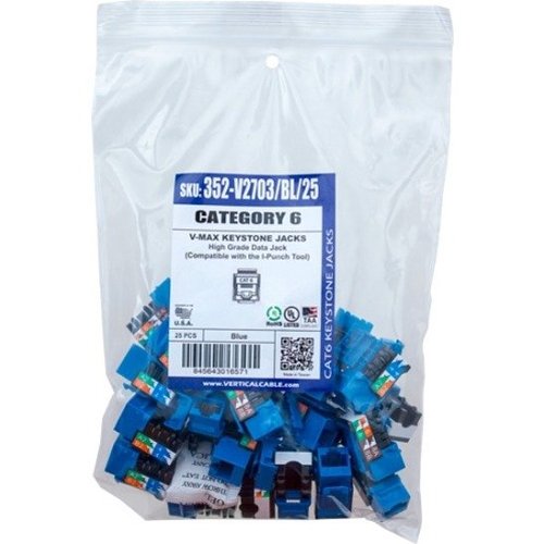 Vertical Cable 352-V2703/BL/25 25-Pack CAT6 Data Grade Keystone Jack, RJ45, 8x8, UL Listed, RoHS Compliant, TAA, Blue