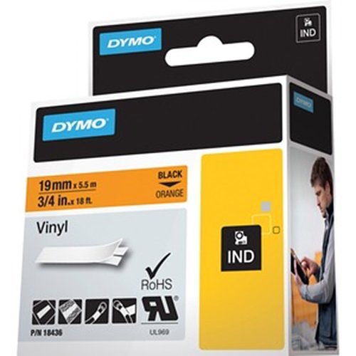 DYMO 18436 Industrial Vinyl Labels, 3/4in- 19mm, Black Text on Orange Label