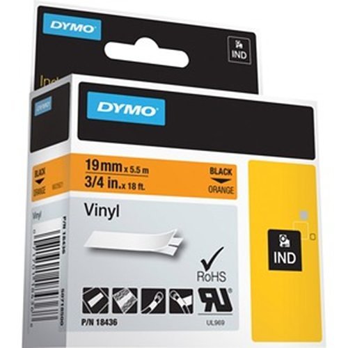 DYMO 18436 Industrial Vinyl Labels, 3/4in- 19mm, Black Text on Orange Label