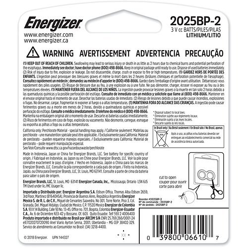 Energizer 2025 Lithium Coin Battery, 2 Pack