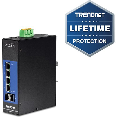 TRENDnet 6-Port Industrial Gigabit L2 Managed DIN-Rail Switch; 4 x Gigabit Ports; 2 x SFP Slots; DIN-Rail Mount; IP30; VLAN; QoS; LACP; STP/RSTP; Bandwidth management; Lifetime Protection; TI-G642i