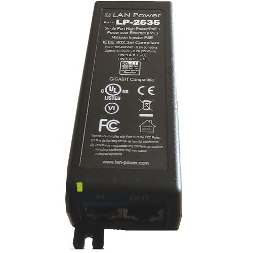 LAN Power LP-2535 Single Port High Power, PoE+ Midspan Injector Supports Powering IP End Devices