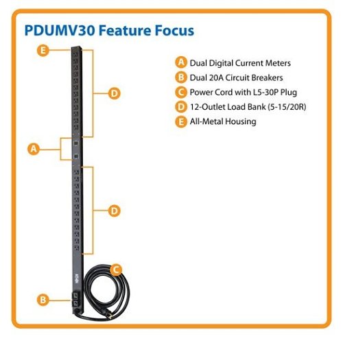 Tripp Lite PDUMV30 Single-Phase Local Metered PDU, 10' (3m) Cord, 2.9kW, 120V, 24A, 24 NEMA 5-15/20R Outlets, L5-30P Input, 0U Vertical