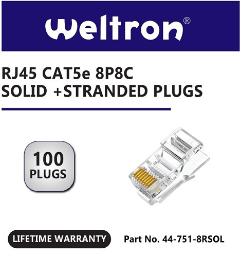 Weltron 44-751-8RSOL Rj-45, 8p8c Modular Plug For Cat5e Rated Round Cable, 100-Pack